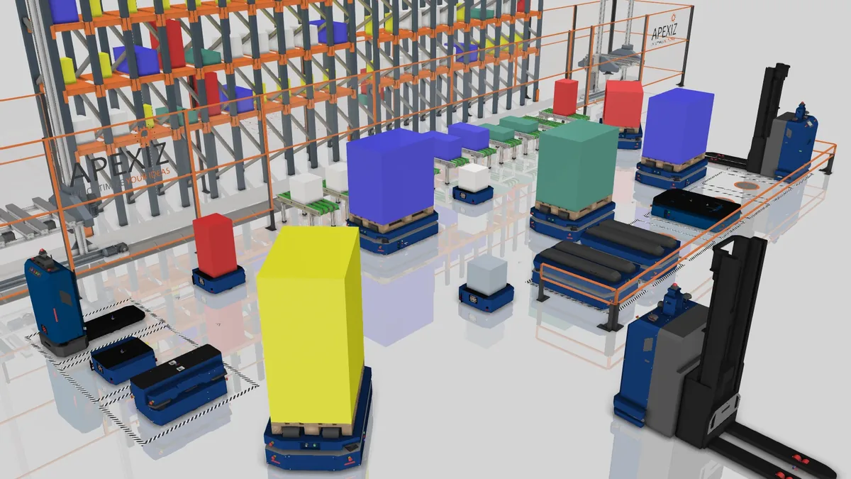 ANSCER AMR models in a Visual Components warehouse simulation